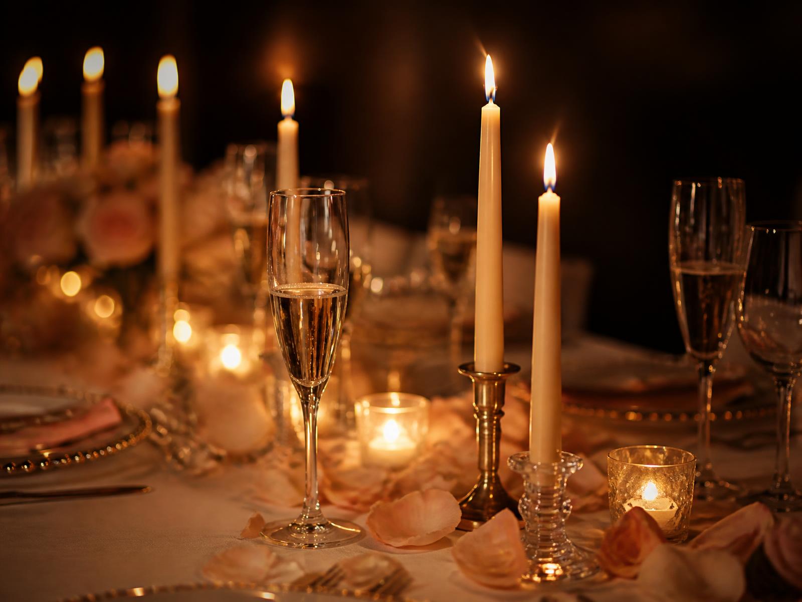 Candlelit dinner table with champagne glasses and blush petals